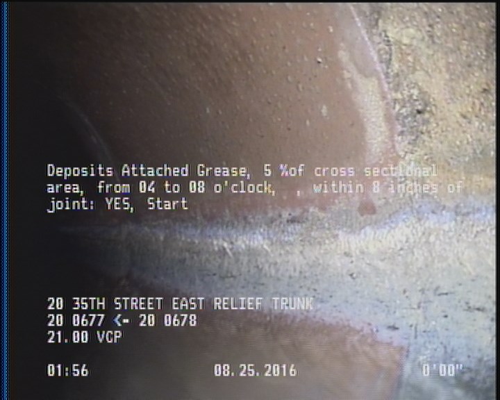Deposits Attached Grease, 5 %of cross sectional area, from 04 to 08 o'clock, , within 8 inches of joint: YES, Start