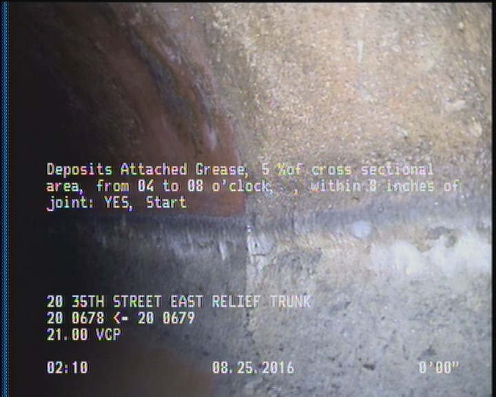Deposits Attached Grease, 5 %of cross sectional area, from 04 to 08 o'clock, , within 8 inches of joint: YES, Start