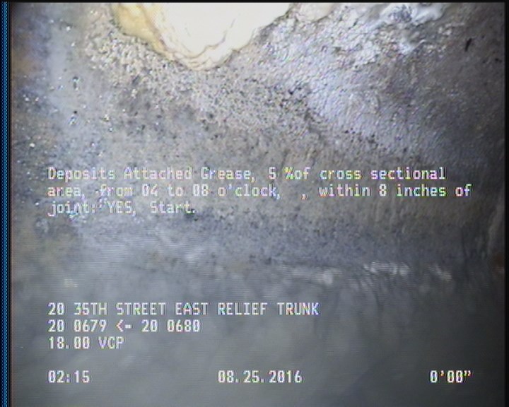 Deposits Attached Grease, 5 %of cross sectional area, from 04 to 08 o'clock, , within 8 inches of joint: YES, Start