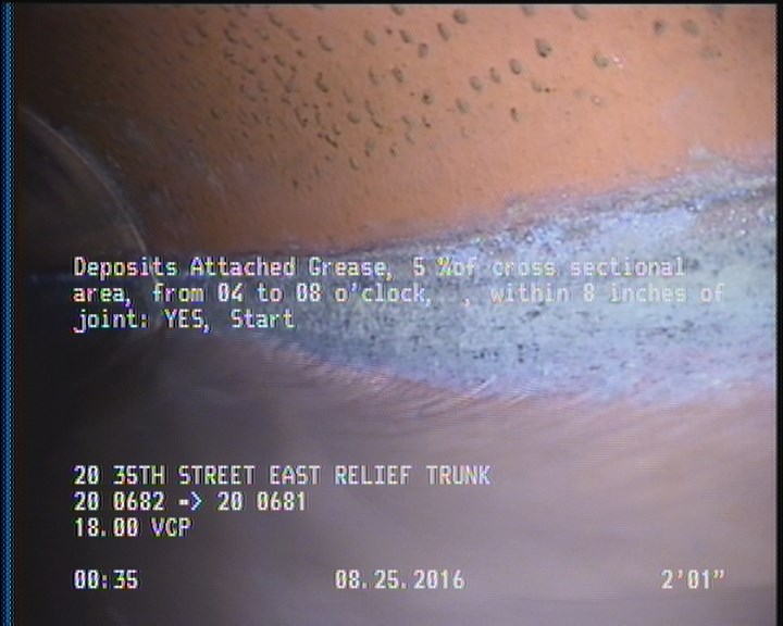 Deposits Attached Grease, 5 %of cross sectional area, from 04 to 08 o'clock, , within 8 inches of joint: YES, Start