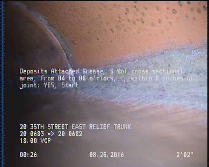 Deposits Attached Grease, 5 %of cross sectional area, from 04 to 08 o'clock, , within 8 inches of joint: YES, Start