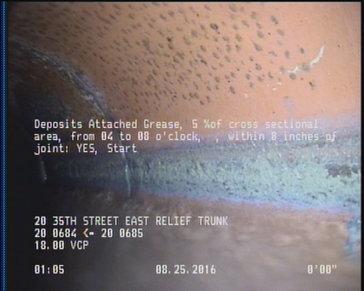 Deposits Attached Grease, 5 %of cross sectional area, from 04 to 08 o'clock, , within 8 inches of joint: YES, Start