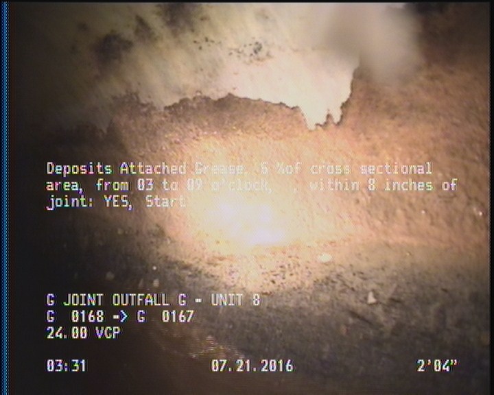 Deposits Attached Grease, 5 %of cross sectional area, from 03 to 09 o'clock, , within 8 inches of joint: YES, Start