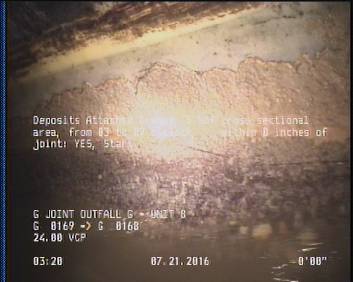 Deposits Attached Grease, 5 %of cross sectional area, from 03 to 09 o'clock, , within 8 inches of joint: YES, Start