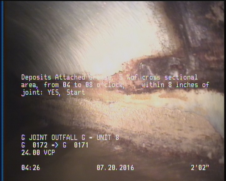 Deposits Attached Grease, 5 %of cross sectional area, from 04 to 08 o'clock, , within 8 inches of joint: YES, Start