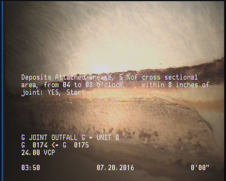 Deposits Attached Grease, 5 %of cross sectional area, from 04 to 08 o'clock, , within 8 inches of joint: YES, Start