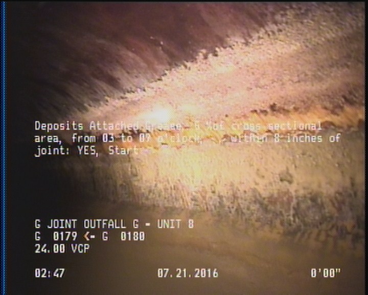 Deposits Attached Grease, 5 %of cross sectional area, from 03 to 09 o'clock, , within 8 inches of joint: YES, Start