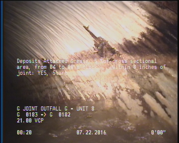 Deposits Attached Grease, 5 %of cross sectional area, from 04 to 08 o'clock, , within 8 inches of joint: YES, Start