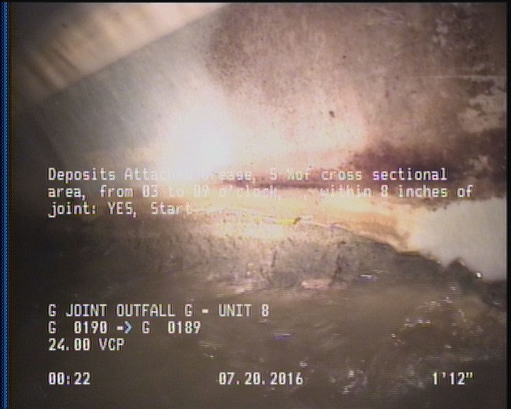 Deposits Attached Grease, 5 %of cross sectional area, from 03 to 09 o'clock, , within 8 inches of joint: YES, Start