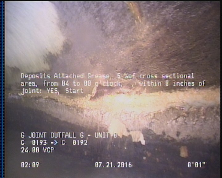 Deposits Attached Grease, 5 %of cross sectional area, from 04 to 08 o'clock, , within 8 inches of joint: YES, Start