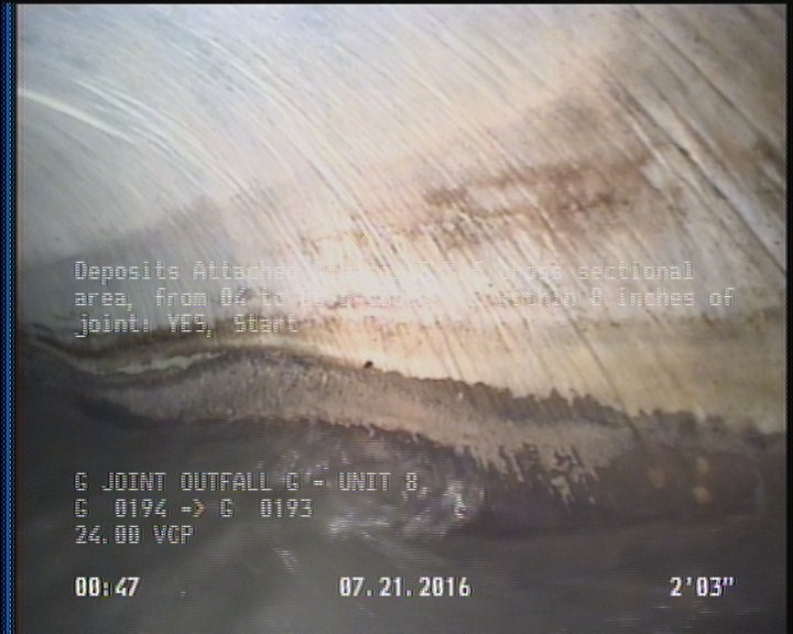 Deposits Attached Grease, 5 %of cross sectional area, from 04 to 08 o'clock, , within 8 inches of joint: YES, Start