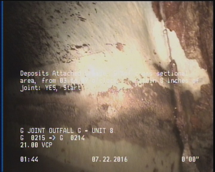 Deposits Attached Grease, 5 %of cross sectional area, from 03 to 09 o'clock, , within 8 inches of joint: YES, Start