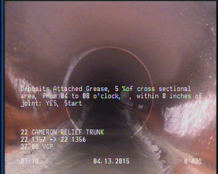 Deposits Attached Grease, 5 %of cross sectional area, from 04 to 08 o'clock, , within 8 inches of joint: YES, Start