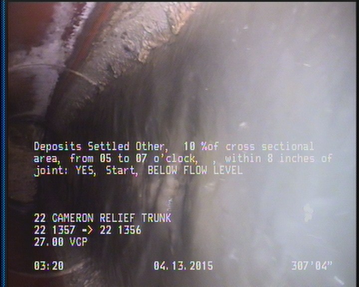 Deposits Settled Other, 10 %of cross sectional area, from 05 to 07 o'clock, , within 8 inches of joint: YES, Start - BELOW FLOW LEVEL