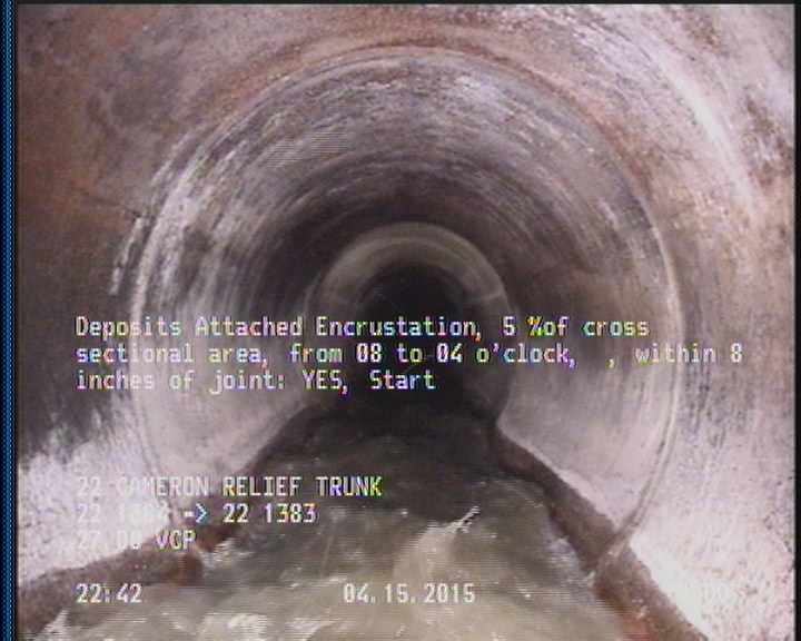 Deposits Attached Encrustation, 5 %of cross sectional area, from 08 to 04 o'clock, , within 8 inches of joint: YES, Start