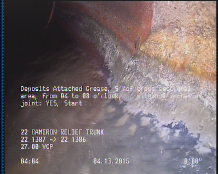 Deposits Attached Grease, 5 %of cross sectional area, from 04 to 08 o'clock, , within 8 inches of joint: YES, Start