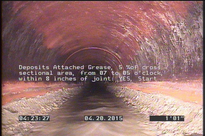Deposits Attached Grease, 5 %of cross sectional area, from 07 to 05 o'clock, , within 8 inches of joint: YES, Start