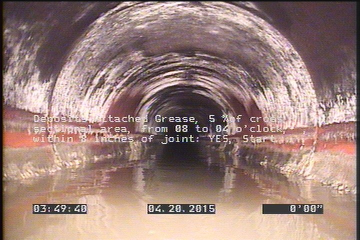 Deposits Attached Grease, 5 %of cross sectional area, from 08 to 04 o'clock, , within 8 inches of joint: YES, Start