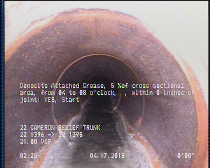Deposits Attached Grease, 5 %of cross sectional area, from 04 to 08 o'clock, , within 8 inches of joint: YES, Start