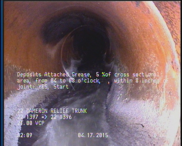 Deposits Attached Grease, 5 %of cross sectional area, from 04 to 08 o'clock, , within 8 inches of joint: YES, Start