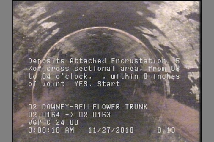 Deposits Attached Encrustation, 5 %of cross sectional area, from 08 to 04 o'clock, , within 8 inches of joint: YES, Start