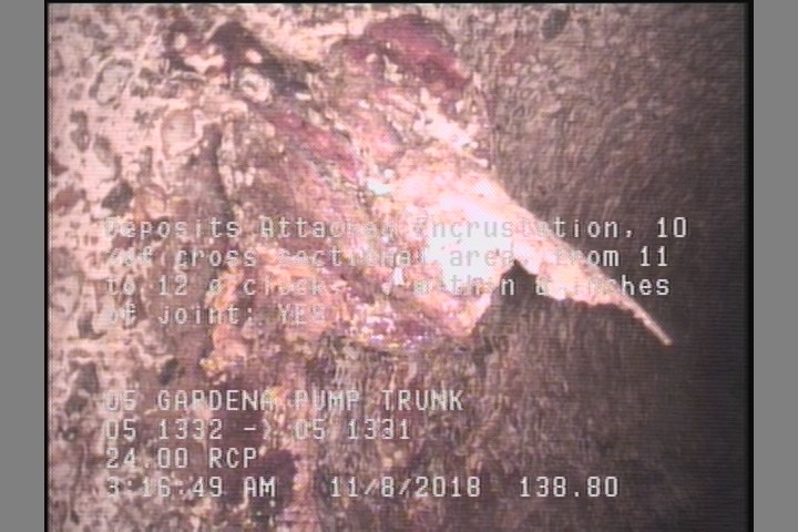 Deposits Attached Encrustation, 10 %of cross sectional area, from 11 to 12 o'clock, , within 8 inches of joint: YES