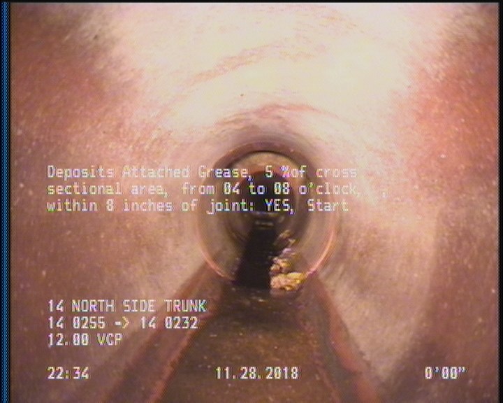 Deposits Attached Grease, 5 %of cross sectional area, from 04 to 08 o'clock, , within 8 inches of joint: YES, Start