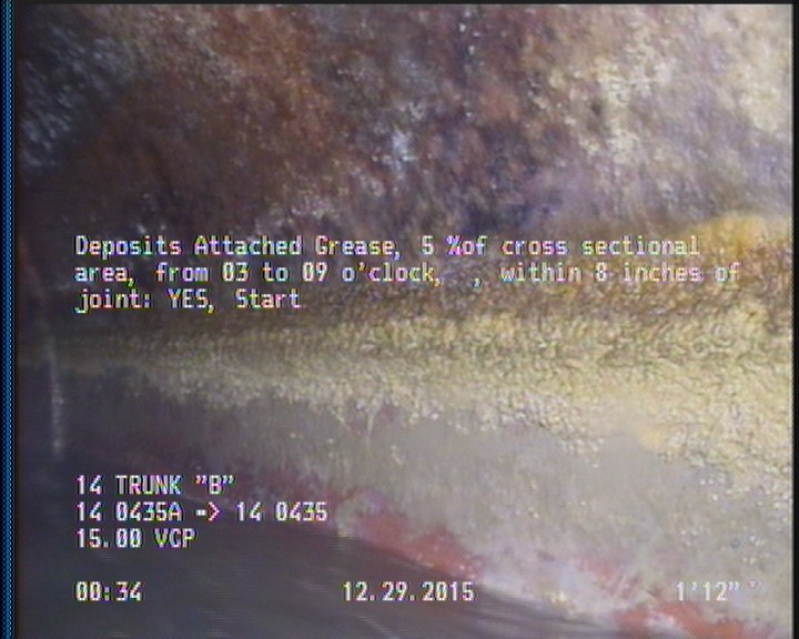 Deposits Attached Grease, 5 %of cross sectional area, from 03 to 09 o'clock, , within 8 inches of joint: YES, Start
