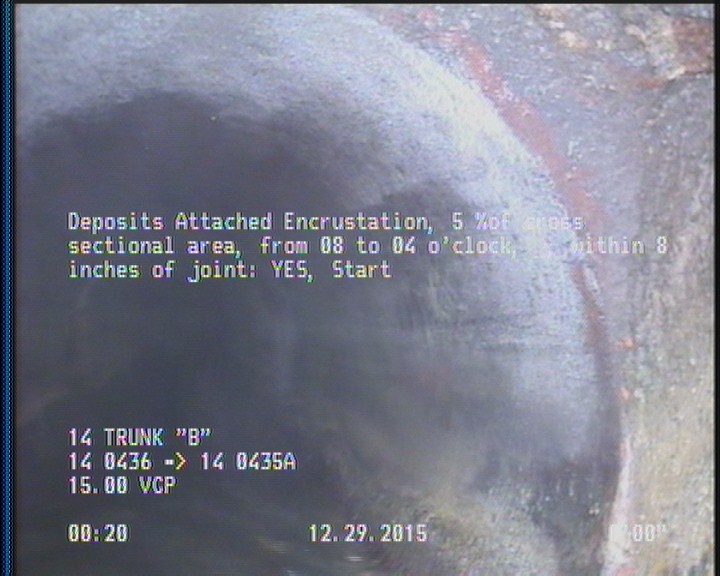 Deposits Attached Encrustation, 5 %of cross sectional area, from 08 to 04 o'clock, , within 8 inches of joint: YES, Start