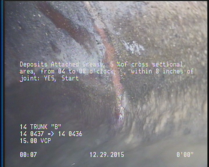 Deposits Attached Grease, 5 %of cross sectional area, from 04 to 08 o'clock, , within 8 inches of joint: YES, Start