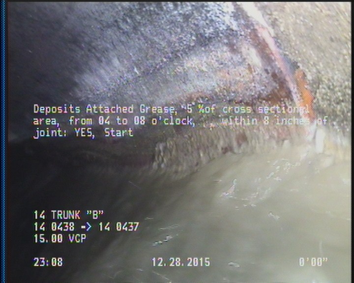 Deposits Attached Grease, 5 %of cross sectional area, from 04 to 08 o'clock, , within 8 inches of joint: YES, Start