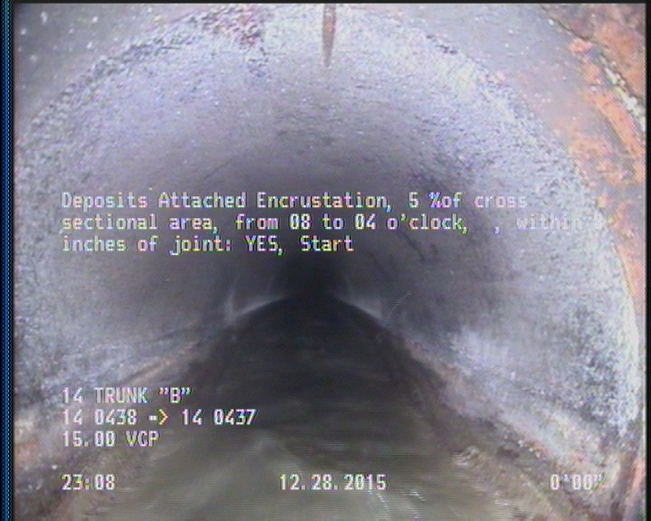Deposits Attached Encrustation, 5 %of cross sectional area, from 08 to 04 o'clock, , within 8 inches of joint: YES, Start