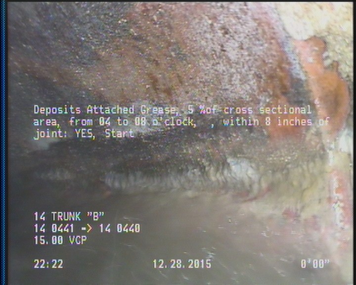 Deposits Attached Grease, 5 %of cross sectional area, from 04 to 08 o'clock, , within 8 inches of joint: YES, Start