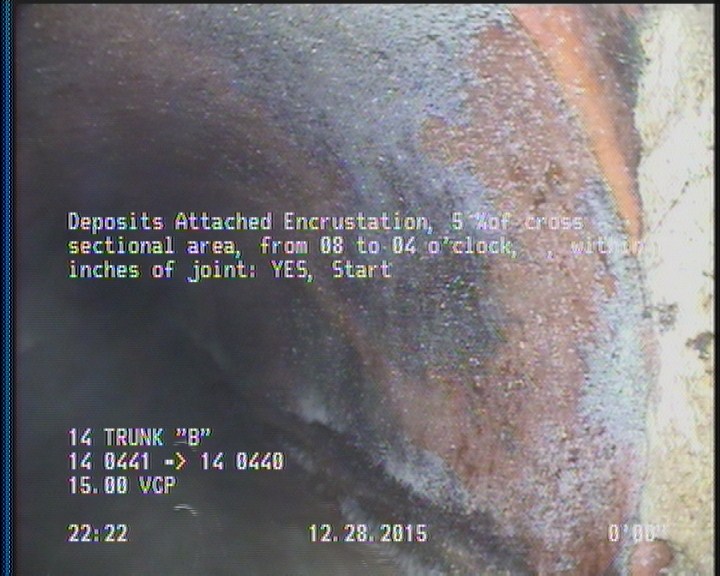 Deposits Attached Encrustation, 5 %of cross sectional area, from 08 to 04 o'clock, , within 8 inches of joint: YES, Start