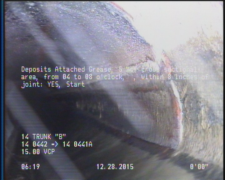 Deposits Attached Grease, 5 %of cross sectional area, from 04 to 08 o'clock, , within 8 inches of joint: YES, Start