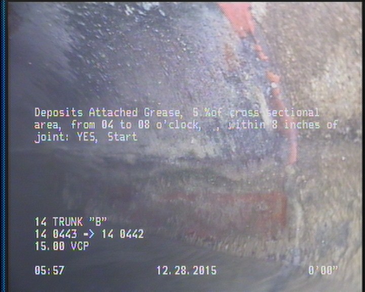 Deposits Attached Grease, 5 %of cross sectional area, from 04 to 08 o'clock, , within 8 inches of joint: YES, Start