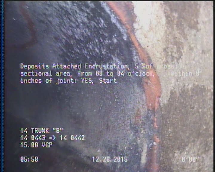 Deposits Attached Encrustation, 5 %of cross sectional area, from 08 to 04 o'clock, , within 8 inches of joint: YES, Start