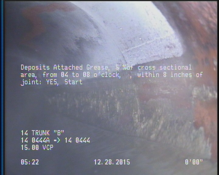 Deposits Attached Grease, 5 %of cross sectional area, from 04 to 08 o'clock, , within 8 inches of joint: YES, Start