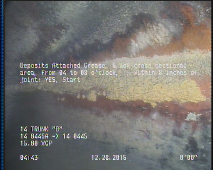 Deposits Attached Grease, 5 %of cross sectional area, from 04 to 08 o'clock, , within 8 inches of joint: YES, Start