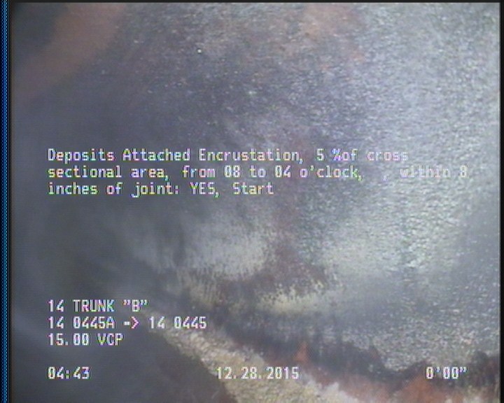 Deposits Attached Encrustation, 5 %of cross sectional area, from 08 to 04 o'clock, , within 8 inches of joint: YES, Start