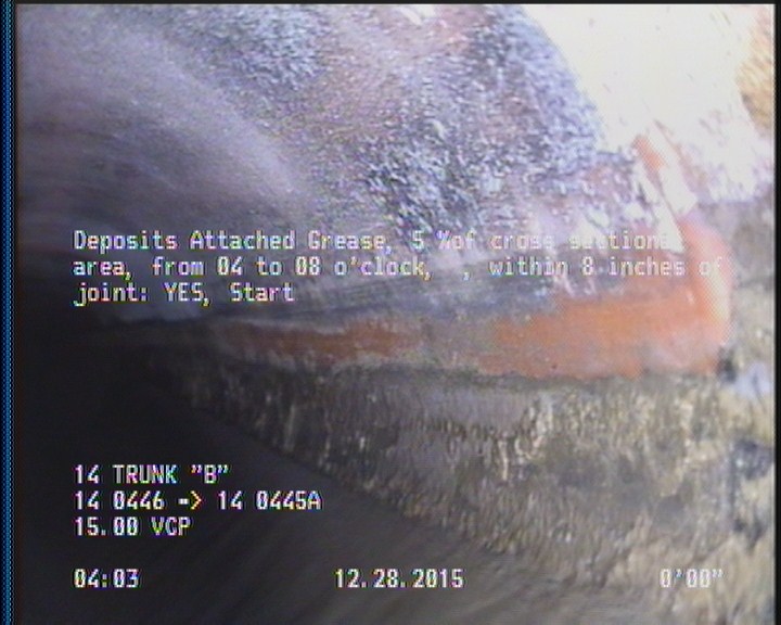 Deposits Attached Grease, 5 %of cross sectional area, from 04 to 08 o'clock, , within 8 inches of joint: YES, Start