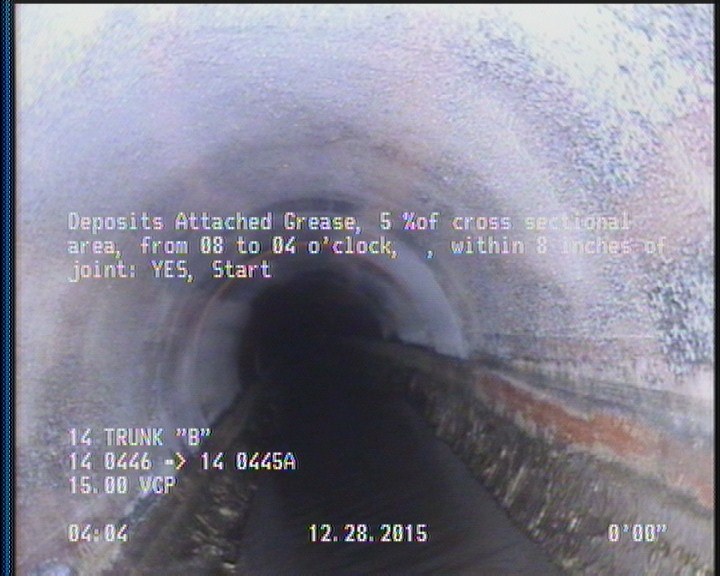 Deposits Attached Grease, 5 %of cross sectional area, from 08 to 04 o'clock, , within 8 inches of joint: YES, Start
