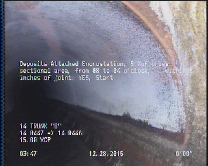 Deposits Attached Encrustation, 5 %of cross sectional area, from 08 to 04 o'clock, , within 8 inches of joint: YES, Start