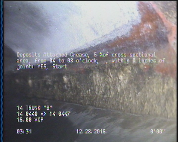 Deposits Attached Grease, 5 %of cross sectional area, from 04 to 08 o'clock, , within 8 inches of joint: YES, Start