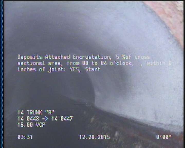 Deposits Attached Encrustation, 5 %of cross sectional area, from 08 to 04 o'clock, , within 8 inches of joint: YES, Start