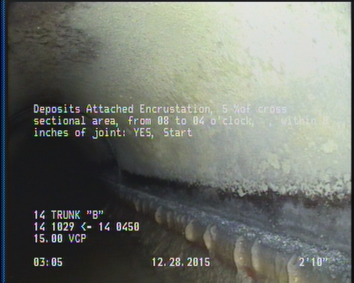 Deposits Attached Encrustation, 5 %of cross sectional area, from 08 to 04 o'clock, , within 8 inches of joint: YES, Start