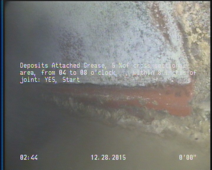 Deposits Attached Grease, 5 %of cross sectional area, from 04 to 08 o'clock, , within 8 inches of joint: YES, Start