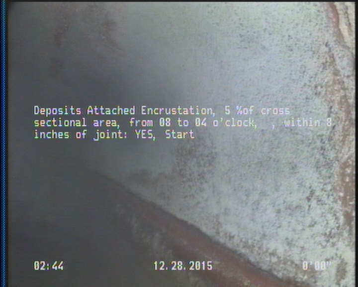 Deposits Attached Encrustation, 5 %of cross sectional area, from 08 to 04 o'clock, , within 8 inches of joint: YES, Start