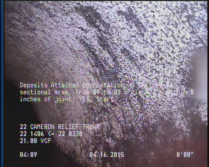 Deposits Attached Encrustation, 5 %of cross sectional area, from 09 to 03 o'clock, , within 8 inches of joint: YES, Start