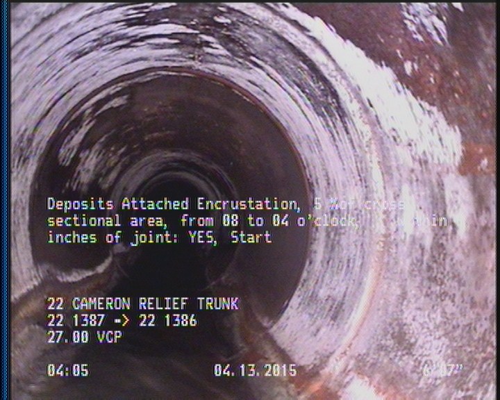 Deposits Attached Encrustation, 5 %of cross sectional area, from 08 to 04 o'clock, , within 8 inches of joint: YES, Start